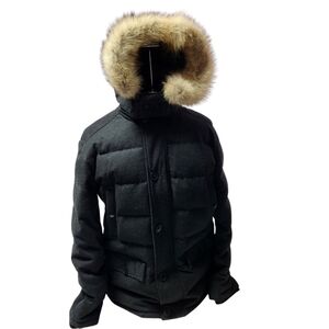 Men's Black Danier leather Coyote Fur-Trimmed Hooded Down Jacket